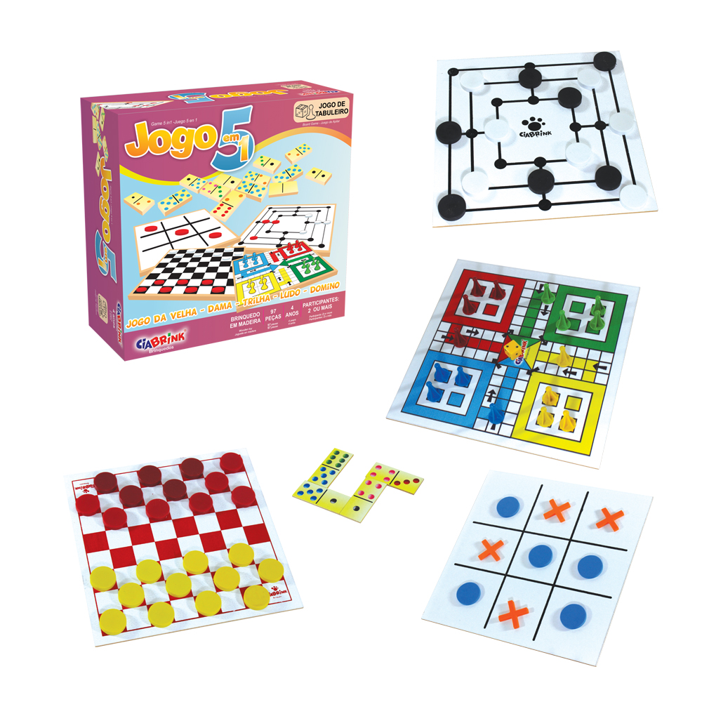 Conjunto jogos 5 em 1 dama jogo da velha ludo trilha xadrez em